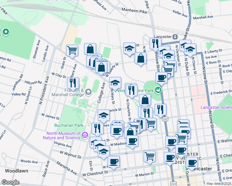 map of restaurants, bars, coffee shops, grocery stores, and more near 705 North Mary Street in Lancaster