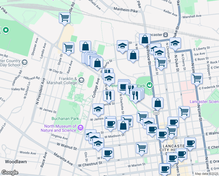 map of restaurants, bars, coffee shops, grocery stores, and more near 705 North Mary Street in Lancaster