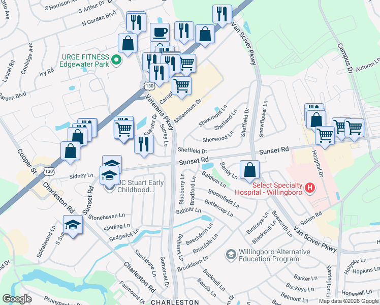 map of restaurants, bars, coffee shops, grocery stores, and more near 16 Sheffield Drive in Willingboro
