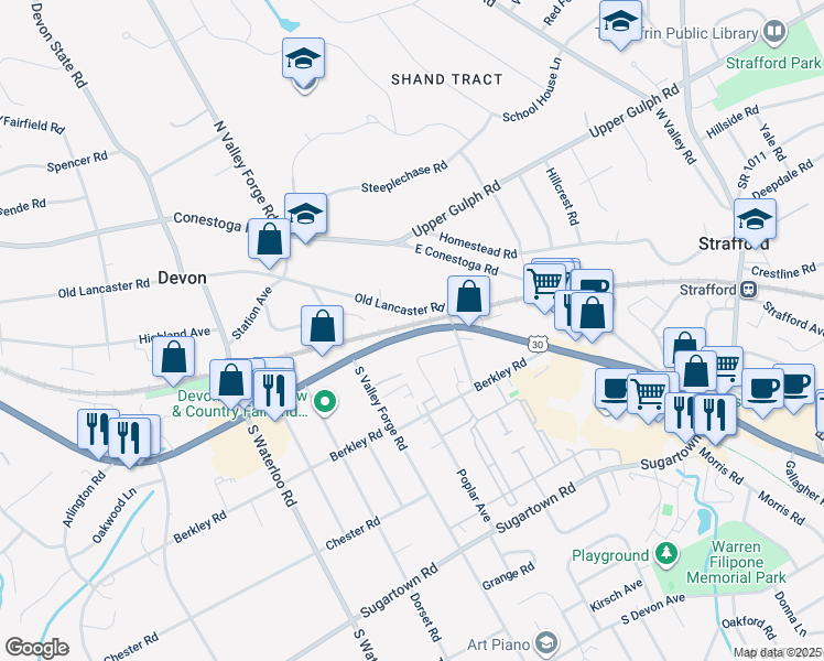 map of restaurants, bars, coffee shops, grocery stores, and more near 21 West Lancaster Avenue in Devon