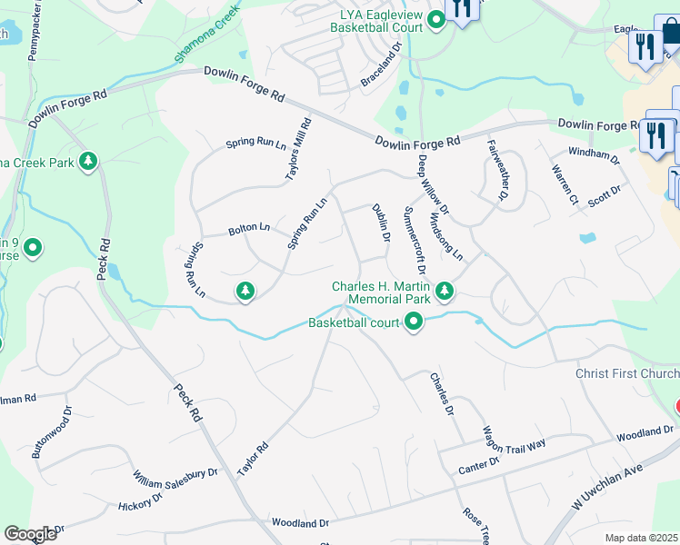 map of restaurants, bars, coffee shops, grocery stores, and more near 213 Trowbridge Lane in Downingtown