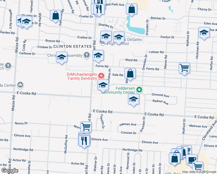 map of restaurants, bars, coffee shops, grocery stores, and more near 1575 Case Road in Columbus