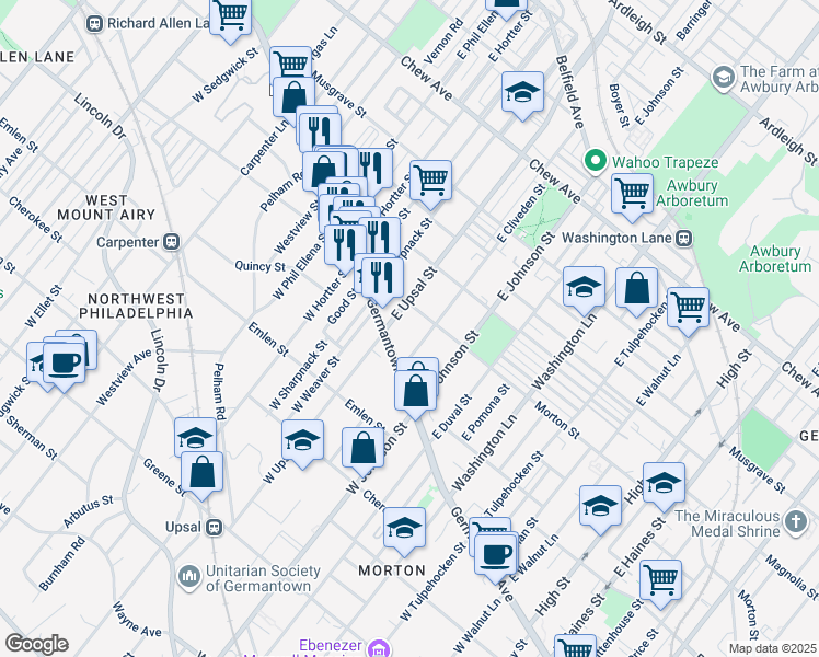 map of restaurants, bars, coffee shops, grocery stores, and more near 6459 Germantown Avenue in Philadelphia
