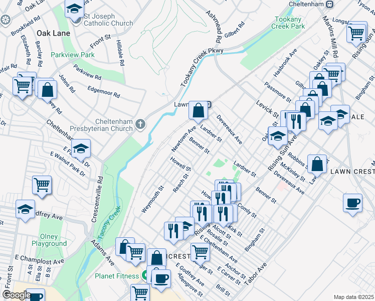 map of restaurants, bars, coffee shops, grocery stores, and more near 228 Higbee Street in Philadelphia