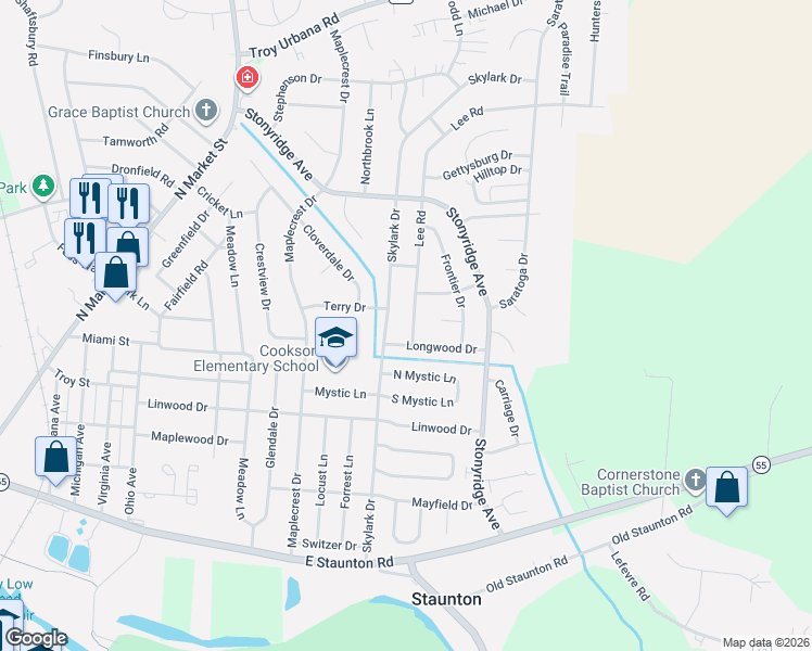 map of restaurants, bars, coffee shops, grocery stores, and more near 989 Skylark Drive in Troy