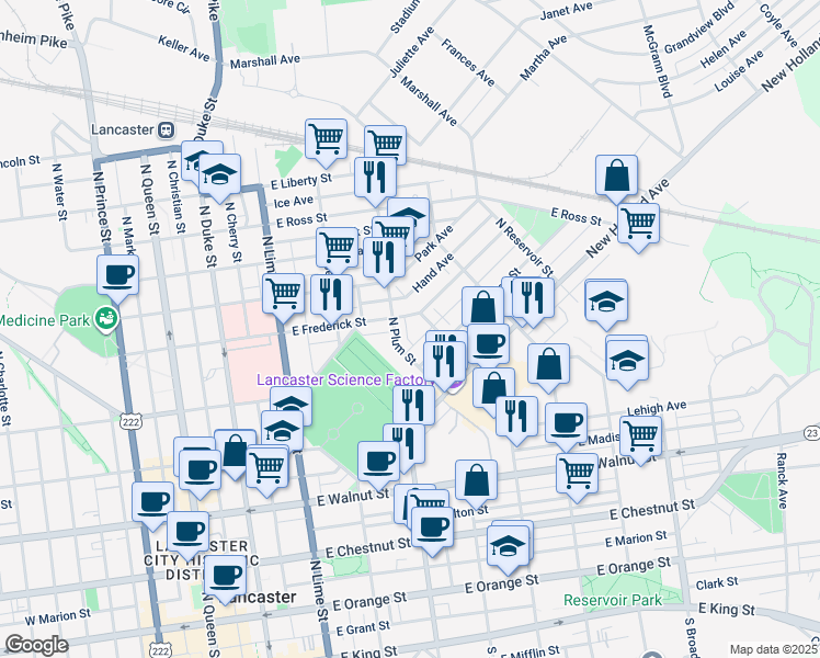 map of restaurants, bars, coffee shops, grocery stores, and more near 585 Zook Avenue in Lancaster