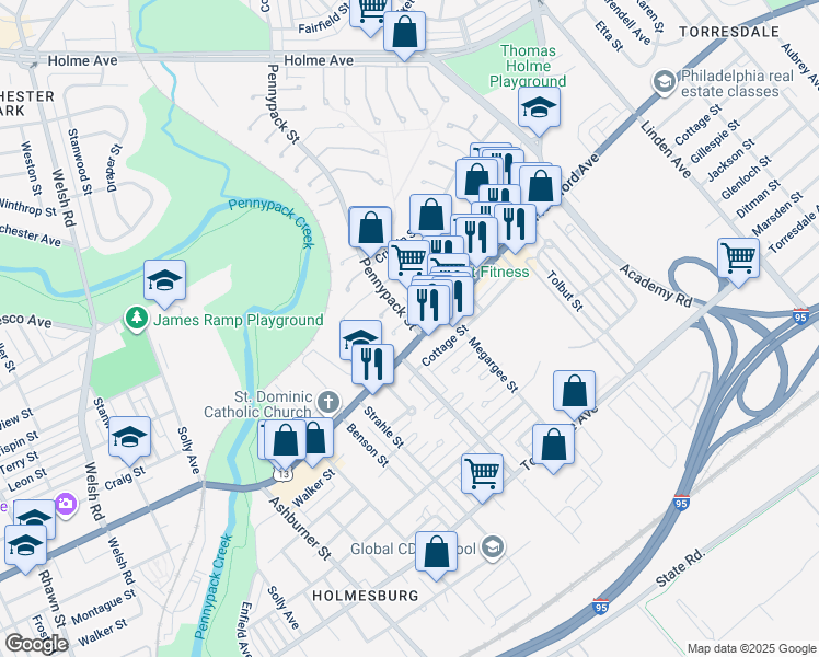 map of restaurants, bars, coffee shops, grocery stores, and more near 3920 Pennypack Street in Philadelphia