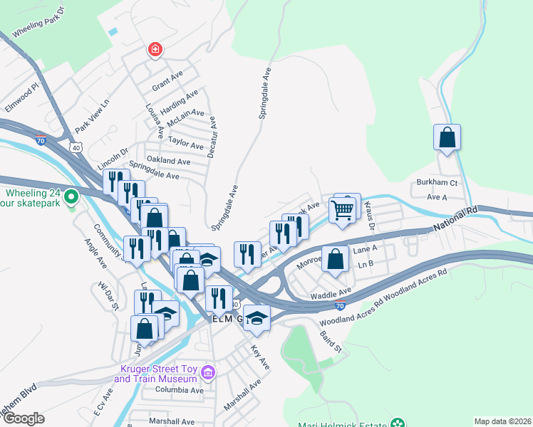 map of restaurants, bars, coffee shops, grocery stores, and more near 2359 Upper Power Avenue in Wheeling
