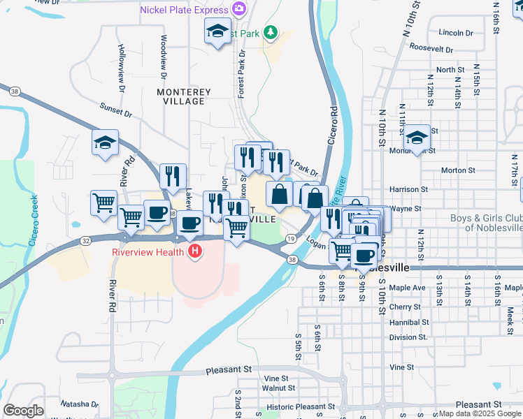 map of restaurants, bars, coffee shops, grocery stores, and more near 176 Logan Street in Noblesville