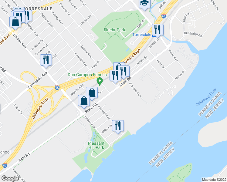 map of restaurants, bars, coffee shops, grocery stores, and more near State Road & Delaire Landing Road in Philadelphia