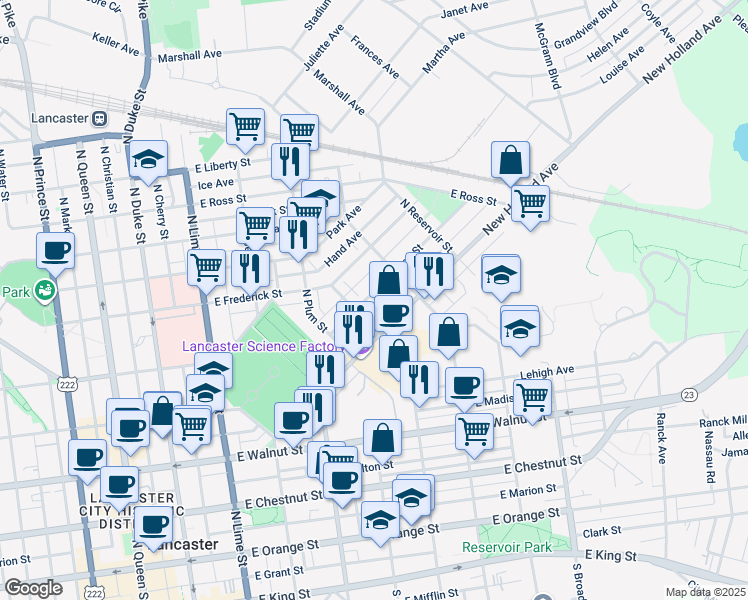 map of restaurants, bars, coffee shops, grocery stores, and more near 532 Hamilton Street in Lancaster