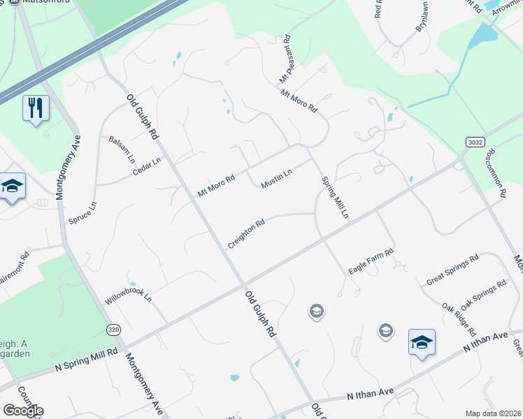 map of restaurants, bars, coffee shops, grocery stores, and more near 636 Creighton Rd in Villanova