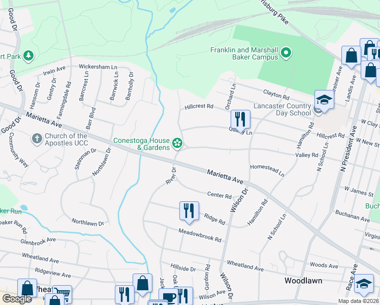 map of restaurants, bars, coffee shops, grocery stores, and more near 1544 Valley Rd in Lancaster