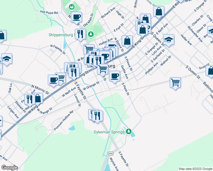 map of restaurants, bars, coffee shops, grocery stores, and more near 126 South Earl Street in Shippensburg