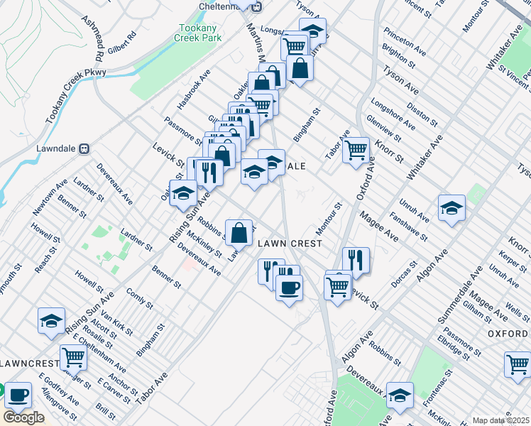 map of restaurants, bars, coffee shops, grocery stores, and more near 6429 Lawndale Avenue in Philadelphia