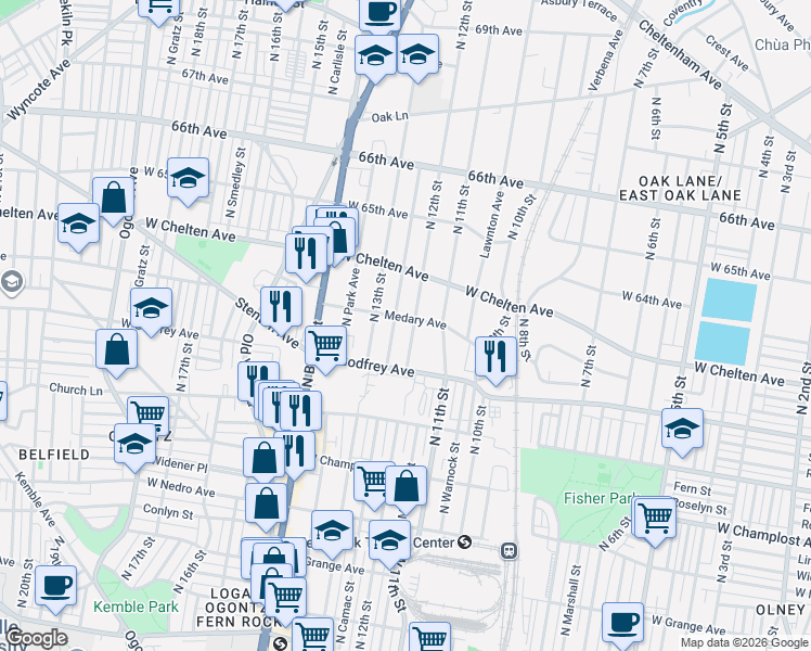 map of restaurants, bars, coffee shops, grocery stores, and more near 1210 Medary Avenue in Philadelphia