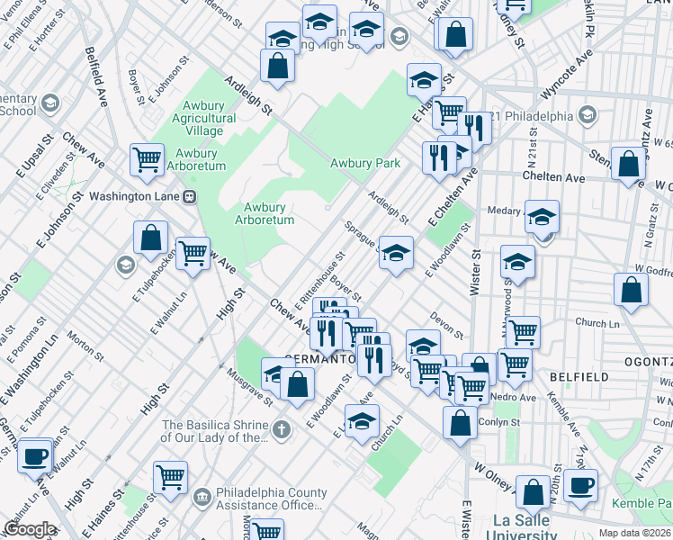 map of restaurants, bars, coffee shops, grocery stores, and more near 905 East Rittenhouse Street in Philadelphia