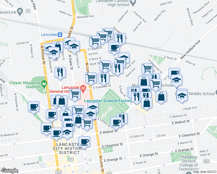 map of restaurants, bars, coffee shops, grocery stores, and more near 312 East Frederick Street in Lancaster