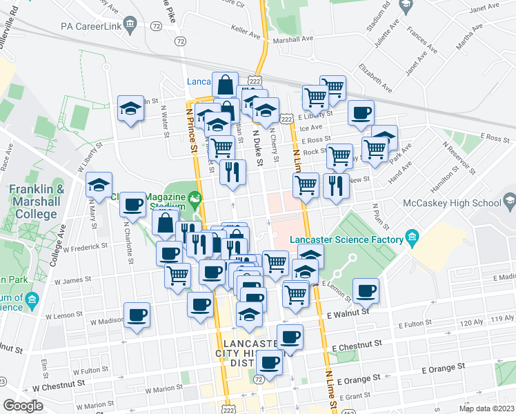 map of restaurants, bars, coffee shops, grocery stores, and more near 616 North Duke Street in Lancaster