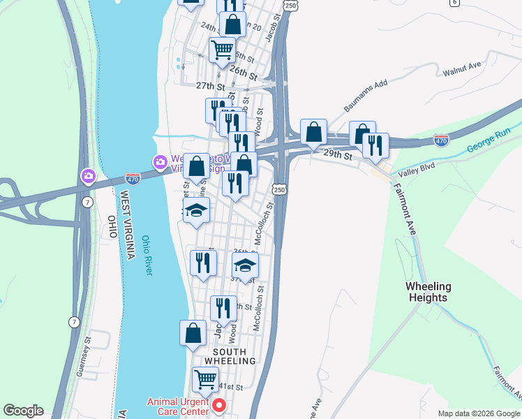 map of restaurants, bars, coffee shops, grocery stores, and more near 3137 McColloch Street in Wheeling