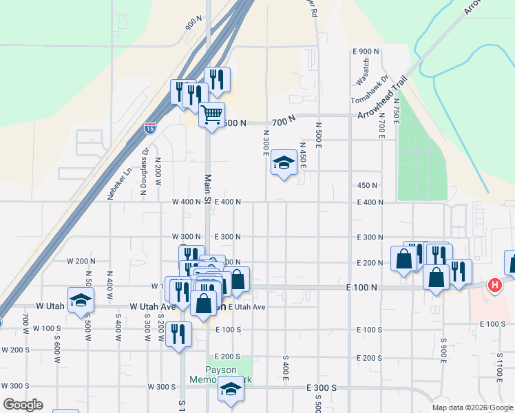map of restaurants, bars, coffee shops, grocery stores, and more near 390 North 200 East in Payson