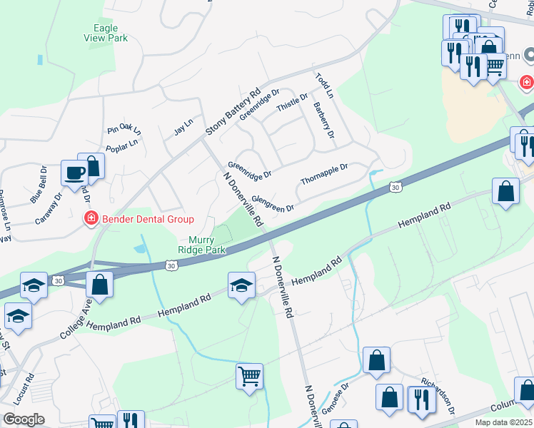 map of restaurants, bars, coffee shops, grocery stores, and more near 3245 Oakglen Court in Lancaster