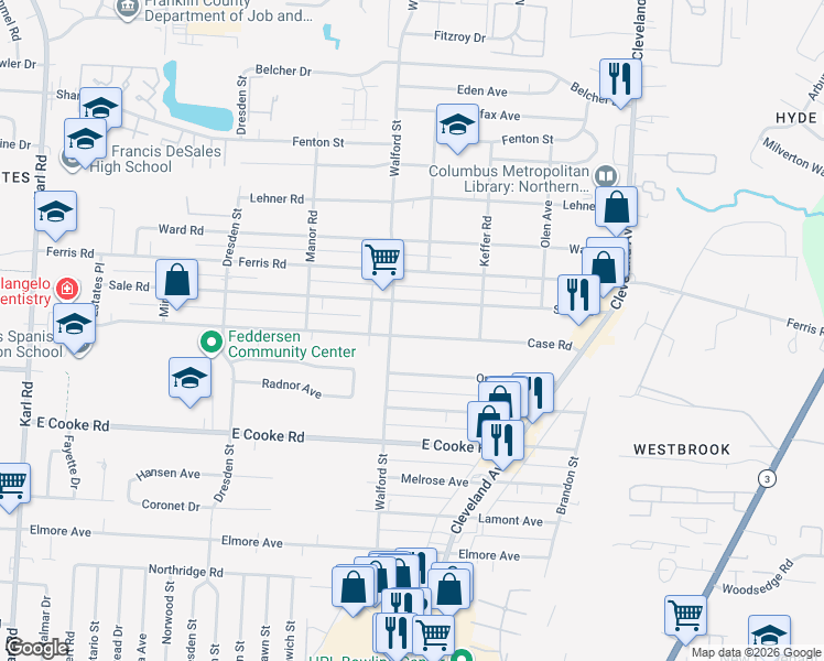 map of restaurants, bars, coffee shops, grocery stores, and more near 2028 Case Road in Columbus