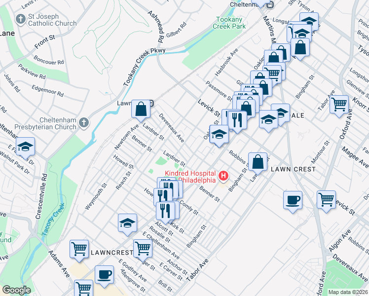 map of restaurants, bars, coffee shops, grocery stores, and more near 350 Devereaux Avenue in Philadelphia