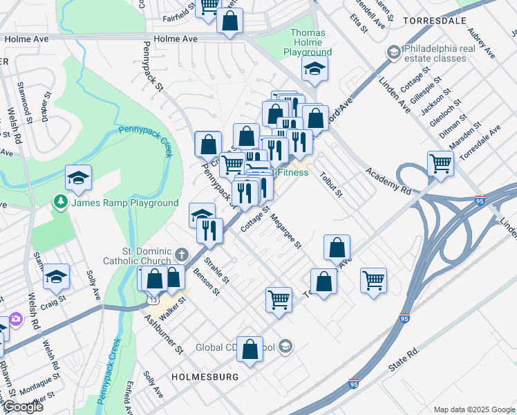 map of restaurants, bars, coffee shops, grocery stores, and more near 4314 Megargee Street in Philadelphia