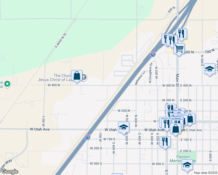 map of restaurants, bars, coffee shops, grocery stores, and more near 392 North 600 West in Payson