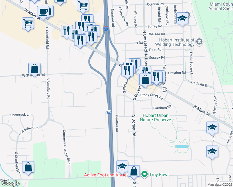 map of restaurants, bars, coffee shops, grocery stores, and more near 1615 Henley Road in Troy