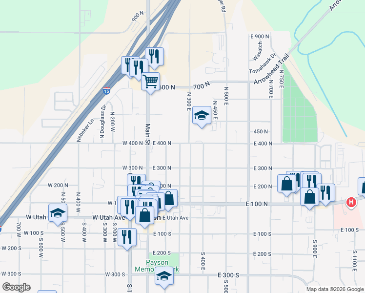 map of restaurants, bars, coffee shops, grocery stores, and more near 390 North 200 East in Payson