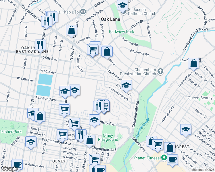 map of restaurants, bars, coffee shops, grocery stores, and more near 157 East Walnut Park Drive in Philadelphia