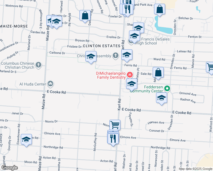 map of restaurants, bars, coffee shops, grocery stores, and more near 3939 Karl Road in Columbus