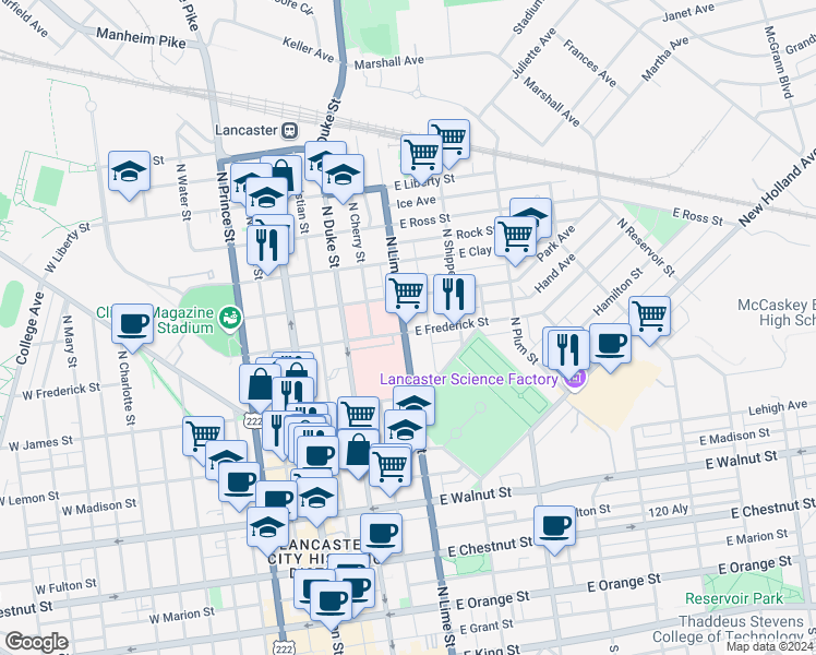 map of restaurants, bars, coffee shops, grocery stores, and more near 603 North Lime Street in Lancaster