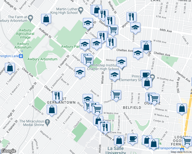 map of restaurants, bars, coffee shops, grocery stores, and more near 5543 Matthews Street in Philadelphia