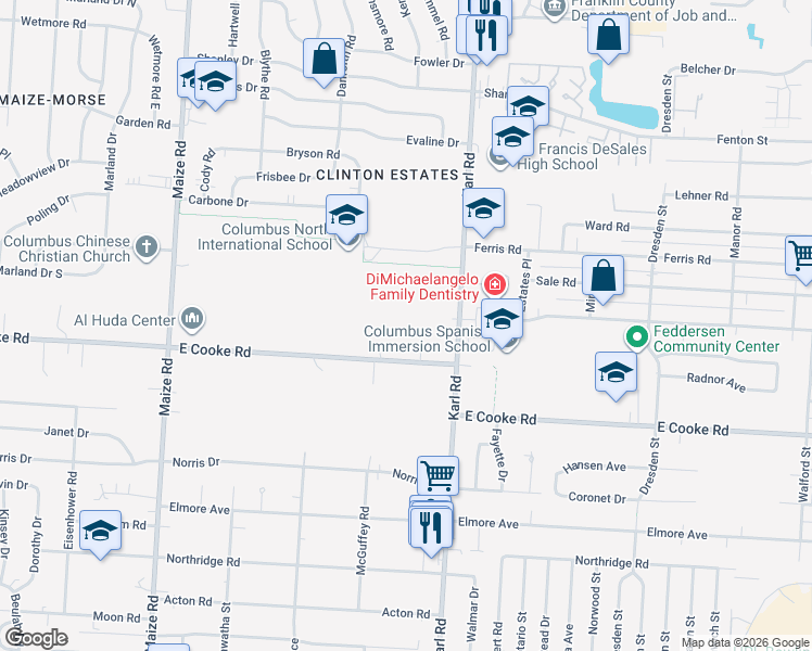 map of restaurants, bars, coffee shops, grocery stores, and more near 3939 Karl Road in Columbus