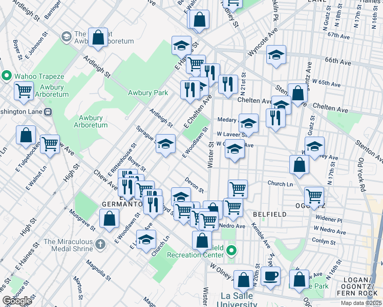 map of restaurants, bars, coffee shops, grocery stores, and more near 5562 Matthews Street in Philadelphia