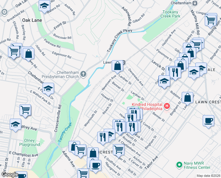 map of restaurants, bars, coffee shops, grocery stores, and more near 228 Higbee Street in Philadelphia