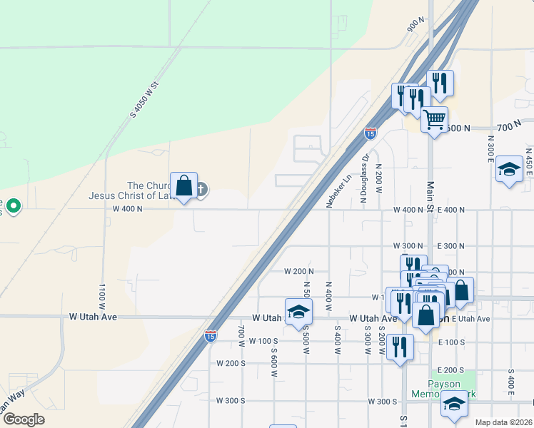map of restaurants, bars, coffee shops, grocery stores, and more near 392 North 600 West in Payson