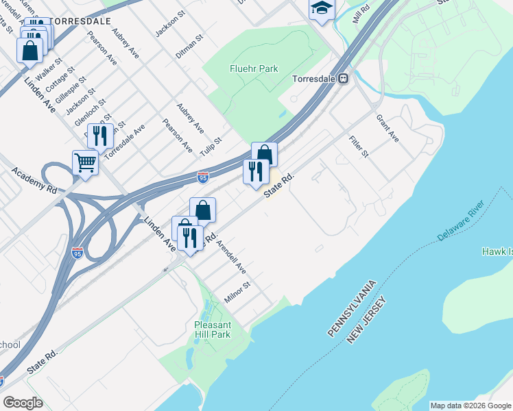 map of restaurants, bars, coffee shops, grocery stores, and more near 9377 State Road in Philadelphia