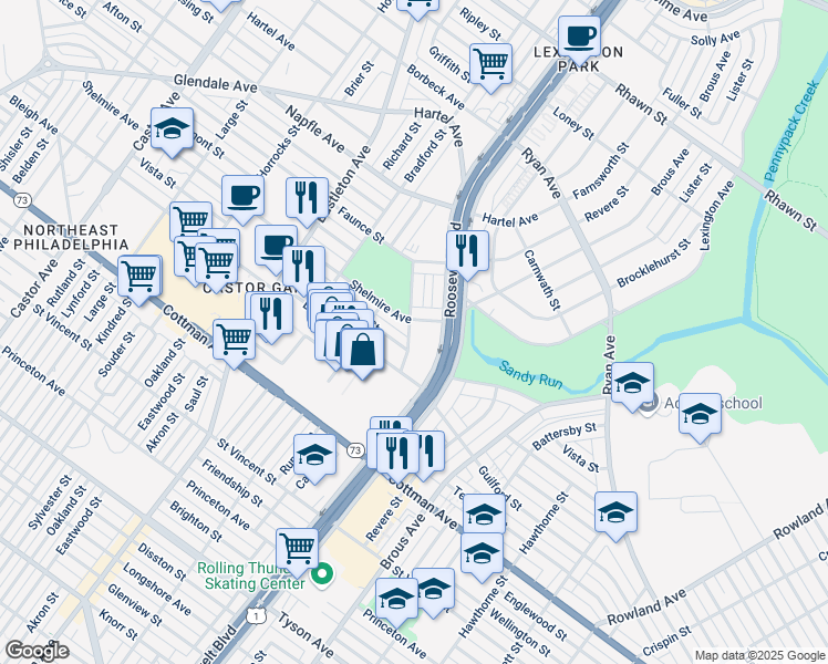 map of restaurants, bars, coffee shops, grocery stores, and more near 7400 Roosevelt Boulevard in Philadelphia
