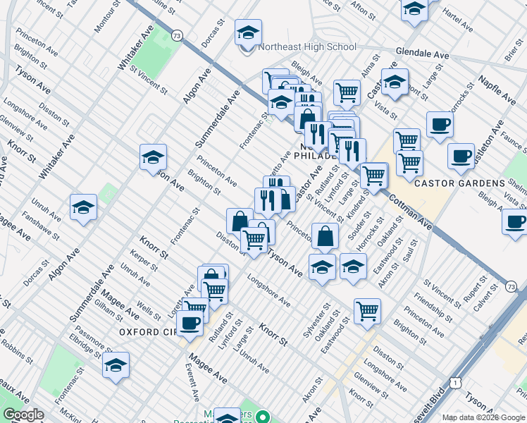 map of restaurants, bars, coffee shops, grocery stores, and more near 1410 Princeton Avenue in Philadelphia