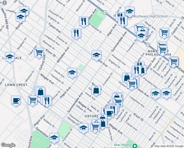 map of restaurants, bars, coffee shops, grocery stores, and more near 1125 Glenview Street in Philadelphia