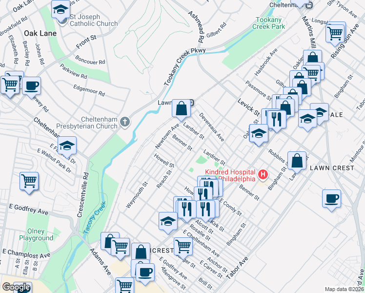 map of restaurants, bars, coffee shops, grocery stores, and more near 6100 Reach Street in Philadelphia