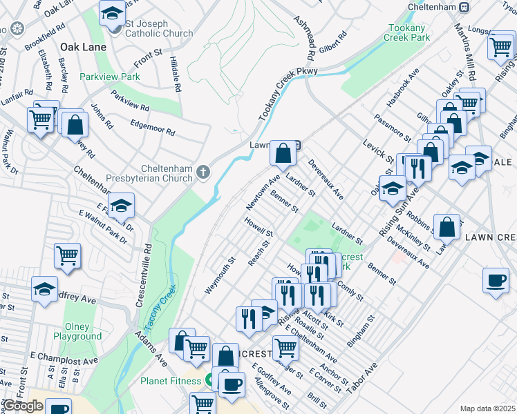 map of restaurants, bars, coffee shops, grocery stores, and more near 213 East Comly Street in Philadelphia