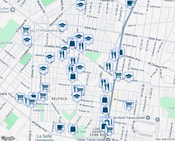 map of restaurants, bars, coffee shops, grocery stores, and more near 1725 West Godfrey Avenue in Philadelphia