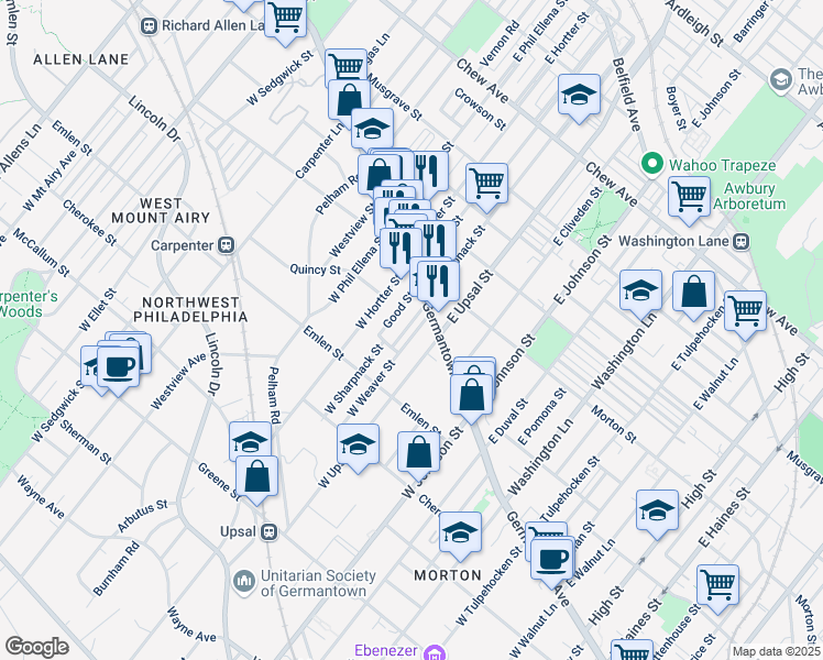 map of restaurants, bars, coffee shops, grocery stores, and more near 34 West Sharpnack Street in Philadelphia