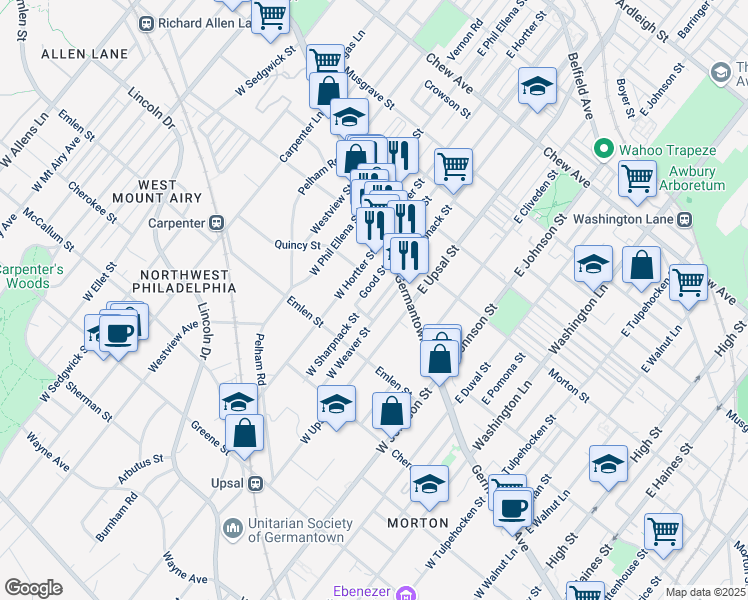 map of restaurants, bars, coffee shops, grocery stores, and more near 34 West Sharpnack Street in Philadelphia