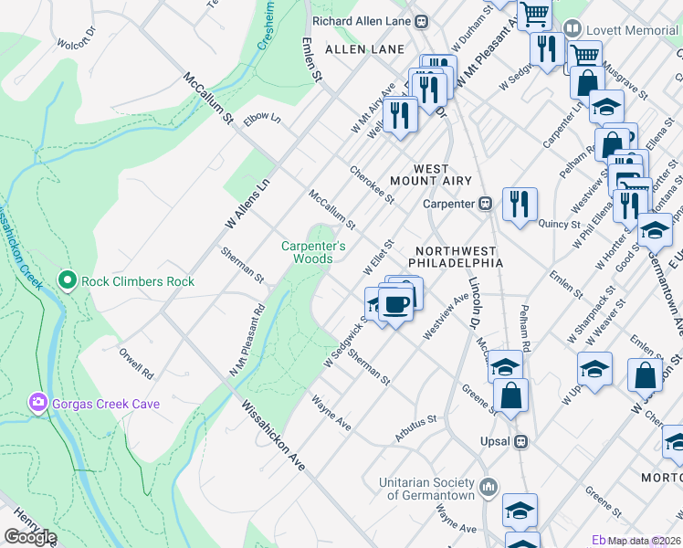 map of restaurants, bars, coffee shops, grocery stores, and more near 630 Glen Echo Road in Philadelphia